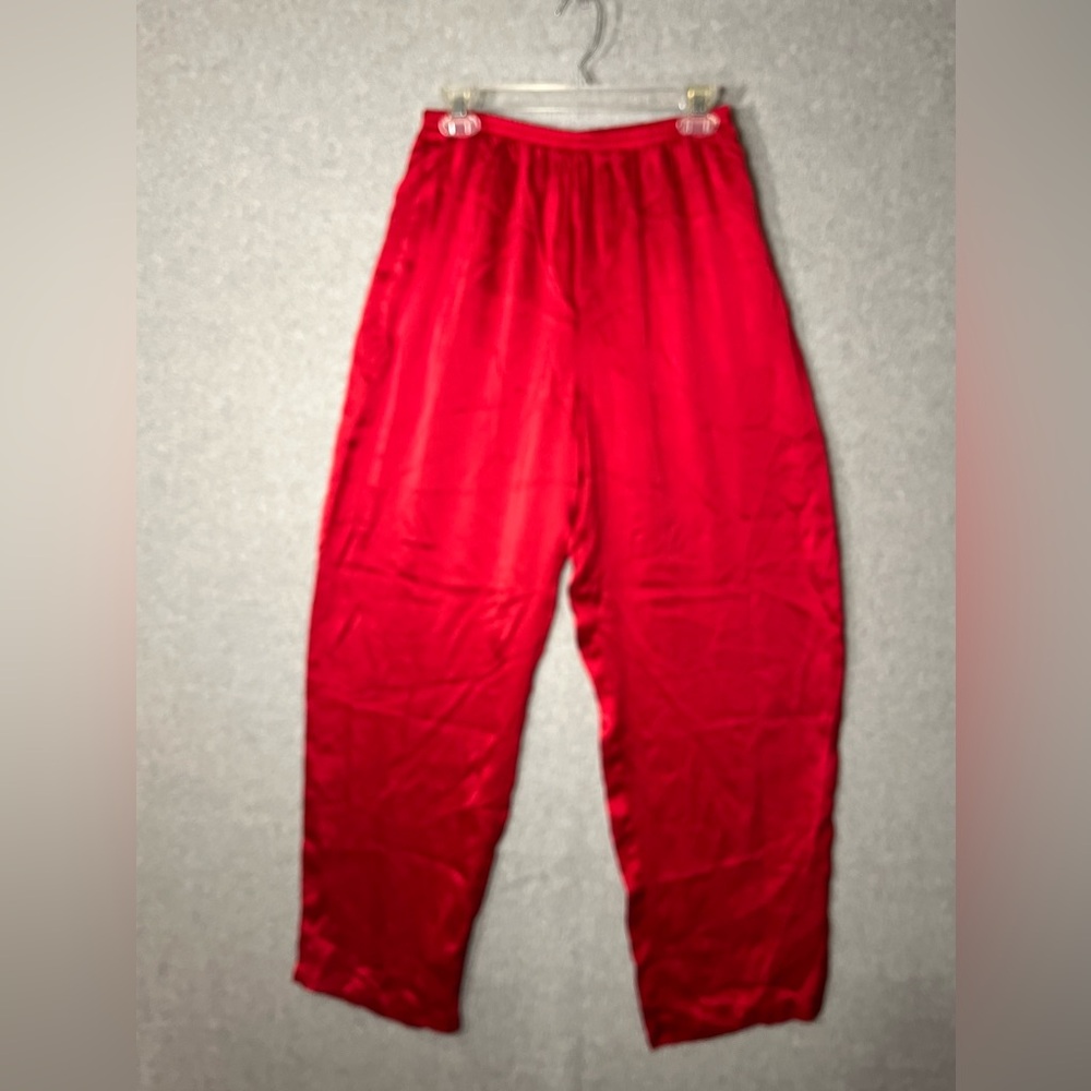 VTG 100% Silk Red Pants Women Large Pull On Elastic Waist Pockets Wide Leg